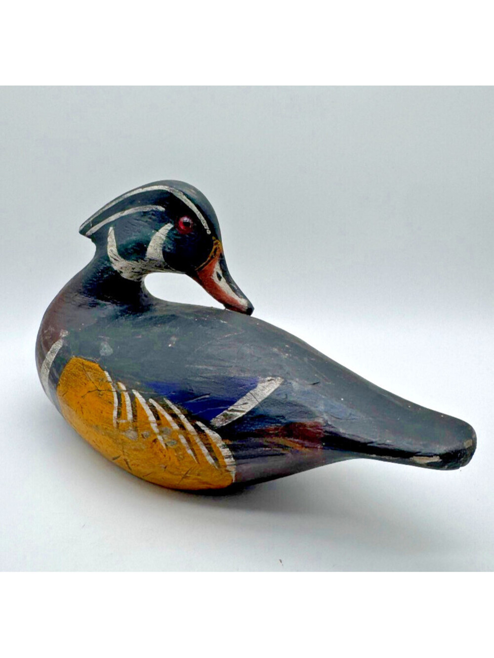 Vintage Hand Carved Wood Duck Drake Hunting Decoy Solid Wood Glass Eyes